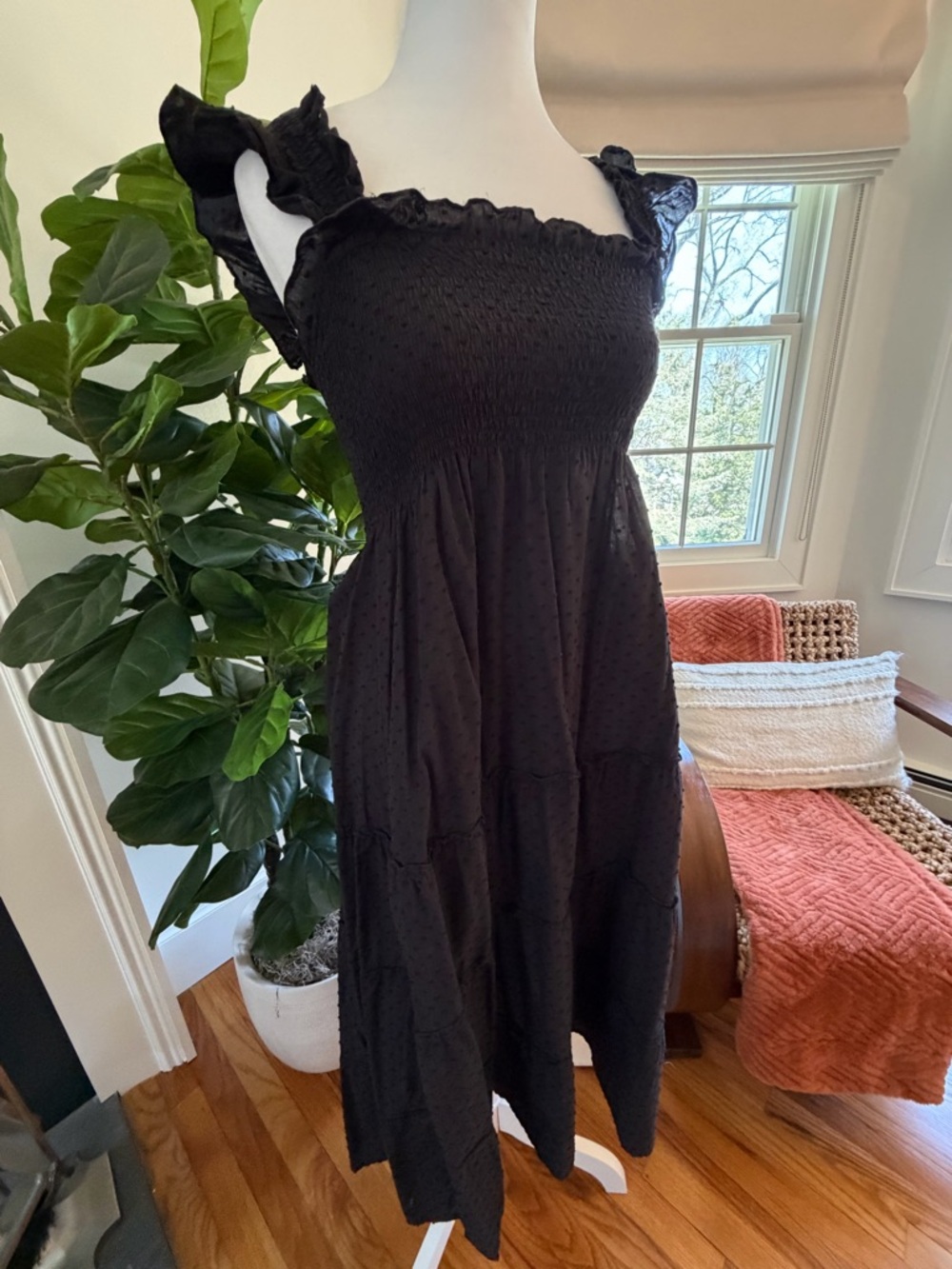 Hill House Black Smocked Ruffle-Strap Midi Dress - Nap Dress